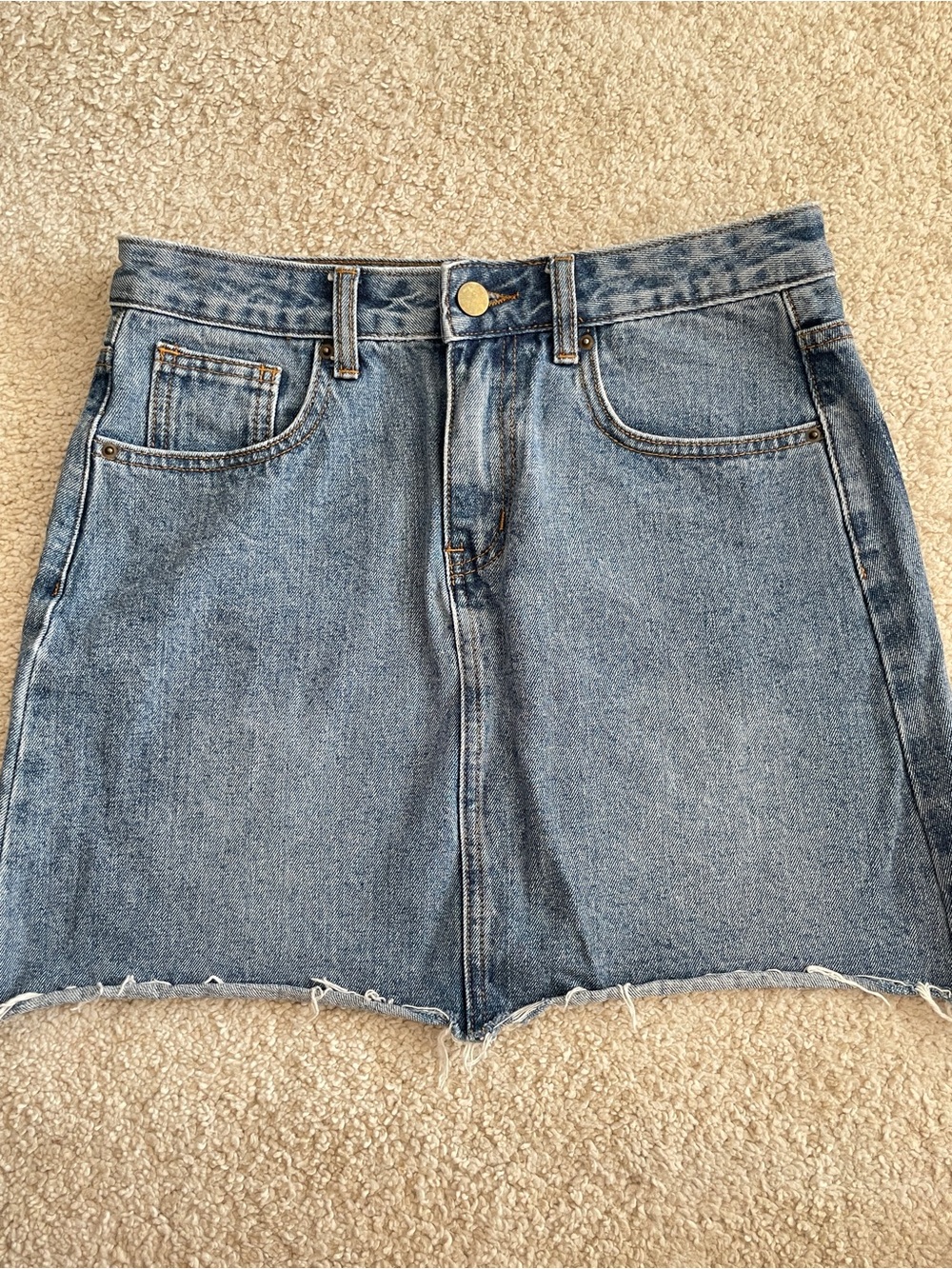OAK + FORT Medium Blue Denim Frayed-Hem Mini Skirt